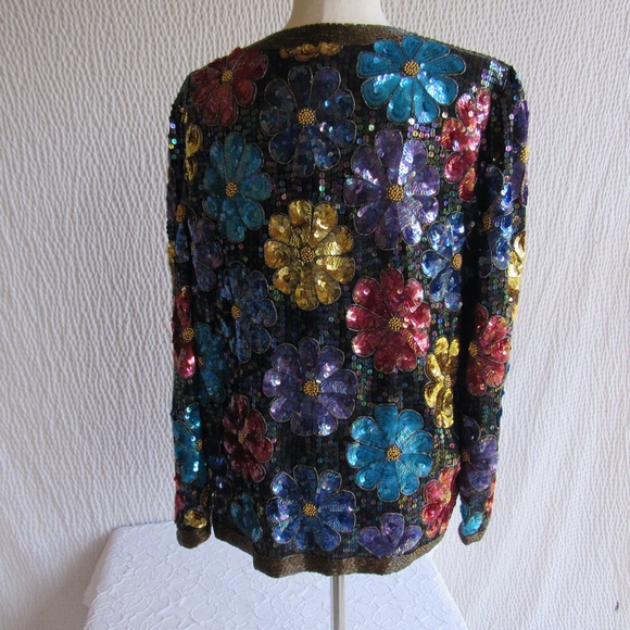 Vintage Evening Sequin Evening Jacket Mod Floral Designer Silk Colorful - Picture 2 of 13